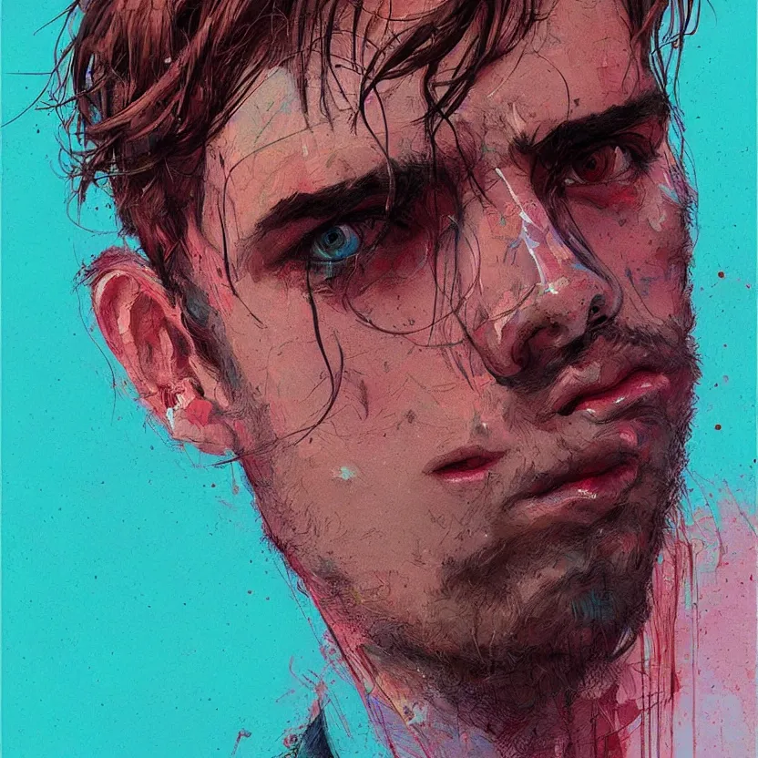 Image similar to close up portrait painting of a male musician in nineties street styling, concept art, intricate details, aesthetically pleasing pastel colors, art by conrad roset, impressionism, portrait