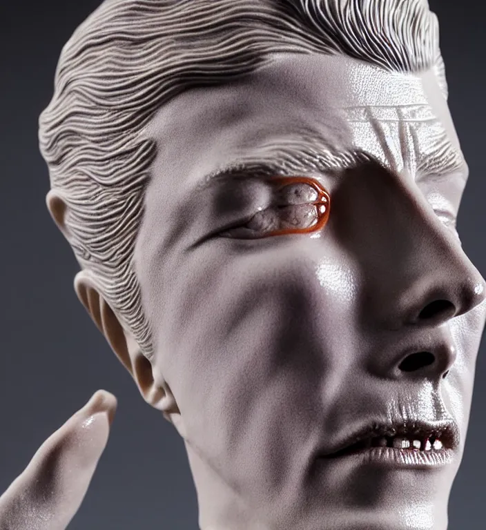 Image similar to David Bowie , A Close up photo-real delicate ceramic porcelain sculpture of a symmetrical ornate detailed in front of an intricate background by Victo Ngai and takato yamamoto, micro detail, backlit lighting, face in focus, subsurface scattering, translucent, thin porcelain, octane renderer, colorful, physically based rendering, japanese pottery, trending on cgsociety