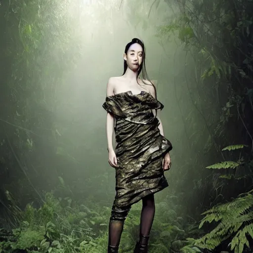 Image similar to female character wearing a camouflage dress by yohji yamaoto in a dense misty jungle the style of mamoru oshii