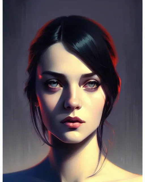 Image similar to stylized portrait of an artistic pose, composition, dark mysterious young lady, cinematic moody colors, one single head, realistic shaded, fine details, realistic shaded lighting poster by ilya kuvshinov, magali villeneuve, artgerm, jeremy lipkin and michael garmash and rob rey