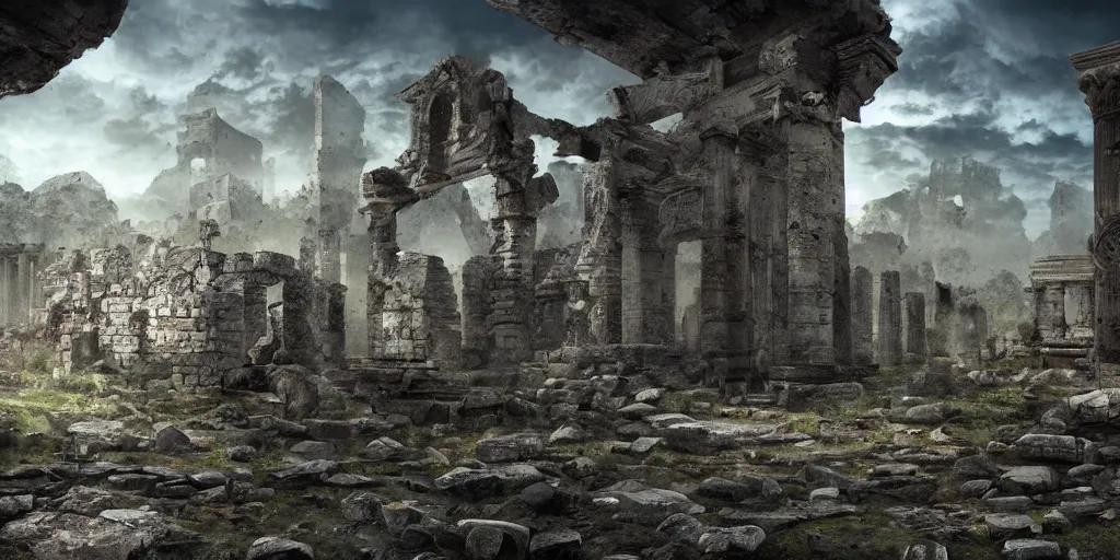 Image similar to ancient ruins inside the earth, fantasy apocalypse, dystopian, digital art, 4 k