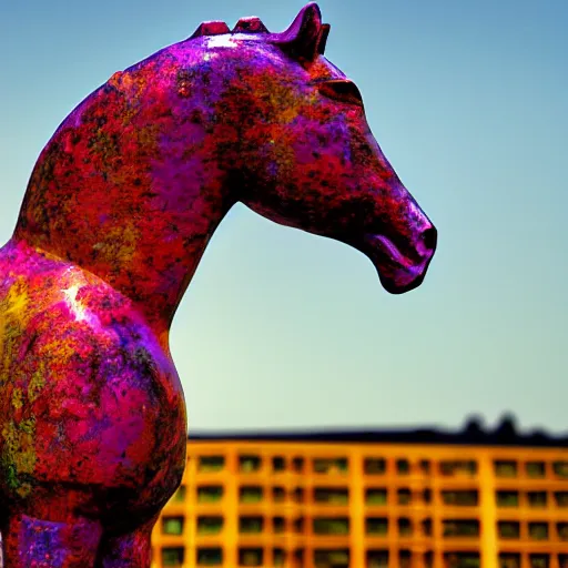 Image similar to horse statue , background from blue to red to yellow