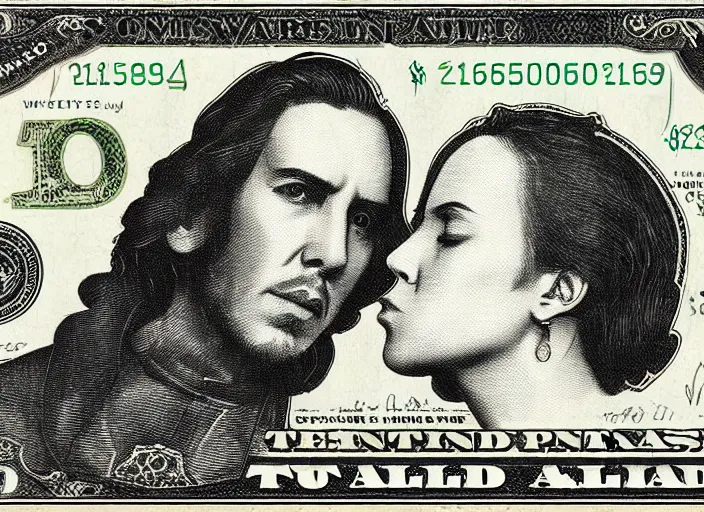 Image similar to reylo kissing, american dollar bill