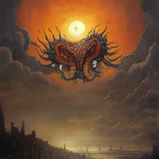 Image similar to A beautiful body art of a large, orange monster looming over a cityscape. The monster has several eyes and mouths, and its body is covered in spikes. It seems to be coming towards the viewer, who is looking up at it in fear. by John Frederick Kensett, by Jeremiah Ketner gloomy