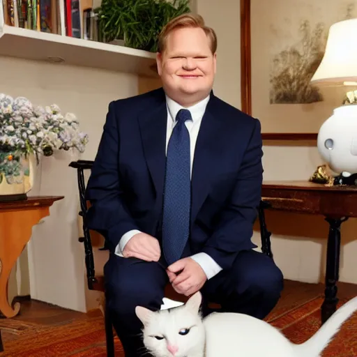 Image similar to Andy Richter wearing a blue dress shirt, necktie, navy dress pants sitting in a chair petting a calico cat