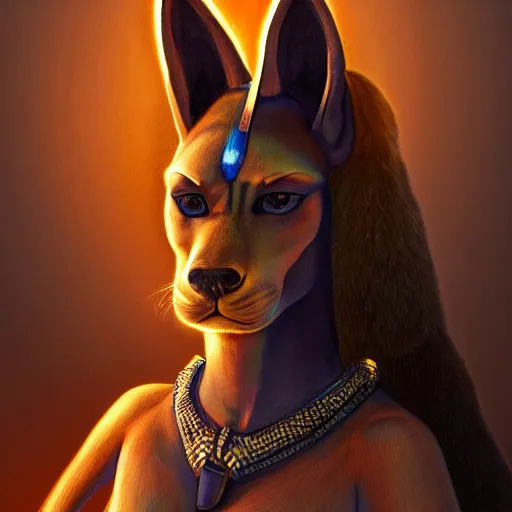 Image similar to A portrait of a female Anubis, she is glaring at the viewer and there is fire behind him, beautiful digital art trending on artstation, 4k, greg rutowski, extremely detailed, vivid three point lighting, backlit fur