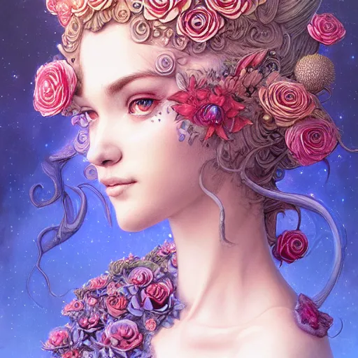 Prompt: a beautiful detailed front view portrait of princess peach with ornate growing around, ornamentation, flowers, elegant, beautifully soft lit, by wayne barlowe, peter mohrbacher, kelly mckernan,