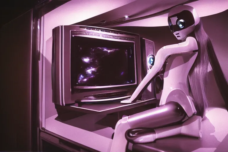 Image similar to beautiful woman robot sitting inside of a galaxy fridge, from 1985, bathed in the glow of a crt television, crt screens in background, low-light photograph, in style of chrome hearts