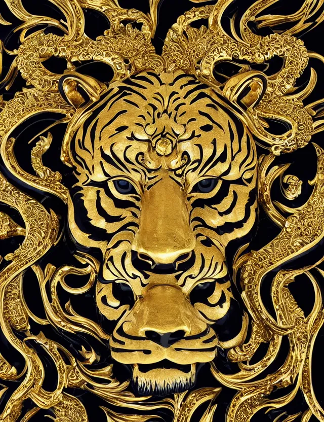 Prompt: beautiful portrait of a large ornate and intricate rococo carved marble and gold tiger face, 3 d, photorealistic, symmetric, front facing, centered, hyper detailed, gold plated on black background, wallpaper pattern