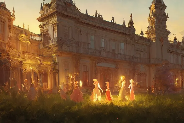 Prompt: an ornate baroque palace, party in front, scene in an open field. key visual, conceptart, ambient lighting, highly detailed, digital painting, artstation, concept art, sharp focus, by makoto shinkai and akihiko yoshida and greg manchess