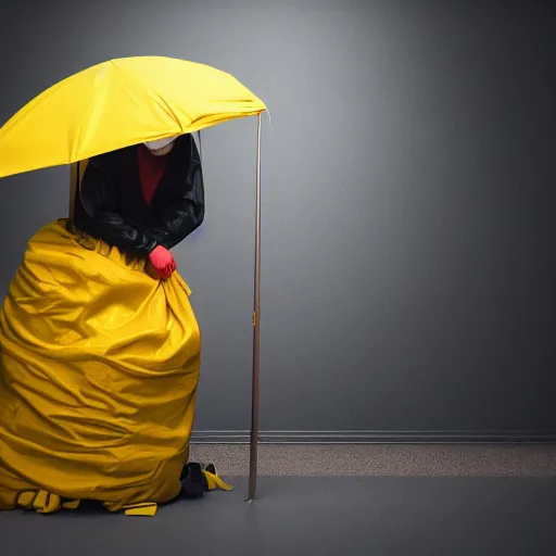 Image similar to photo studio with foggy background. yellow tent on floor. fisherman in balenciaga cloth, plastic bag and black mask. photorealistic high resolution, redshift render, 8 k