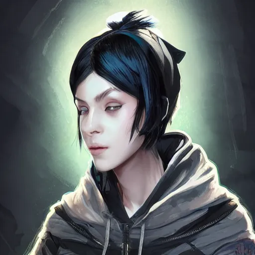 Image similar to a pale skinny white young girl with black hair, the hime cut, 1 8, in a black hoodie, and a cat, apex legends character, digital illustration portrait design, by android jones and greg rutkowski, retrowave color scheme, detailed, cinematic lighting, wide angle action dynamic portrait