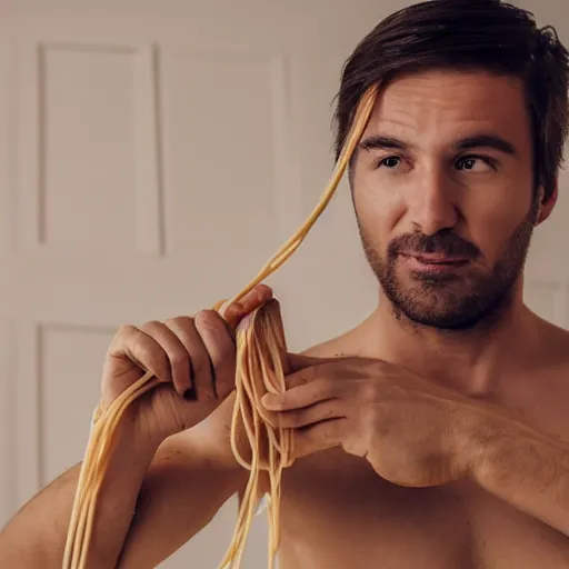 Prompt: photo of man being tied up with spaghetti