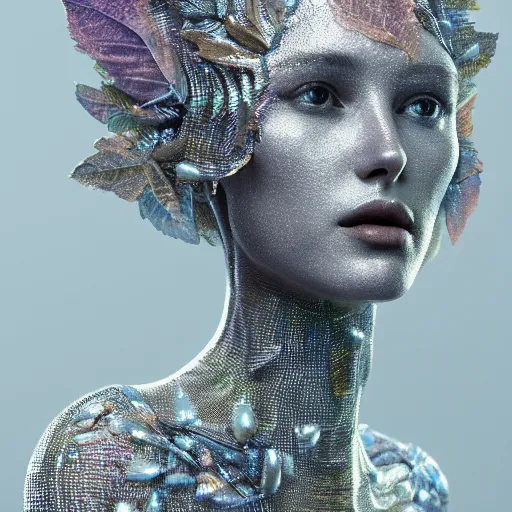 Prompt: a highly detailed ethereal full body shot, digital image of a silver covered elegantly posed futuristic woman beautifully cocooned in chromatic leafy foliage like leaves shot, full body shot, by Andrew Chiampo, artstation, and Frederik Heyman, extremely detailed woman, stunning volumetric lighting, intricate details, hyper realism, fantasy, textured, stylized, 4k,