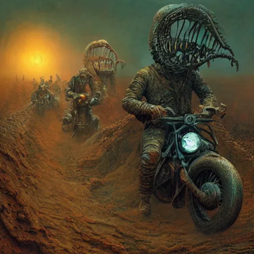 Image similar to motorbikers race in hell, horror art, by beksinski, szukalski, giger, pyromallis, dzo, iris compiet, seb mckinnon, digital art, highly detailed, intricate, sharp focus, trending on artstation hq, deviantart, pinterest, unreal engine 5, 4 k uhd image