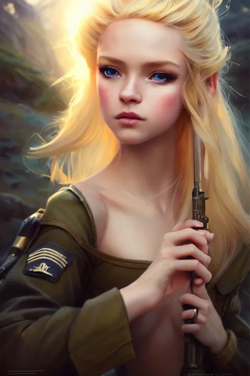 Image similar to cinematic shot of an epic portrait of a cute blonde fairy dressed in military clothes, stylised military clothes, shiny skin, beautiful eyes, beautiful, small details, night setting, realistic poster with volumetric light from craig mallism, artgerm, jeremy lipkin and michael garmash, unreal engine, radiant light, digital art, trends at art station, a masterpiece