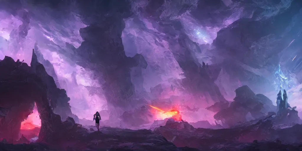 Image similar to one small male silhouette standing in the ruins of crux prime, purple fiery maelstrom in the distance, digital art, artstationhq