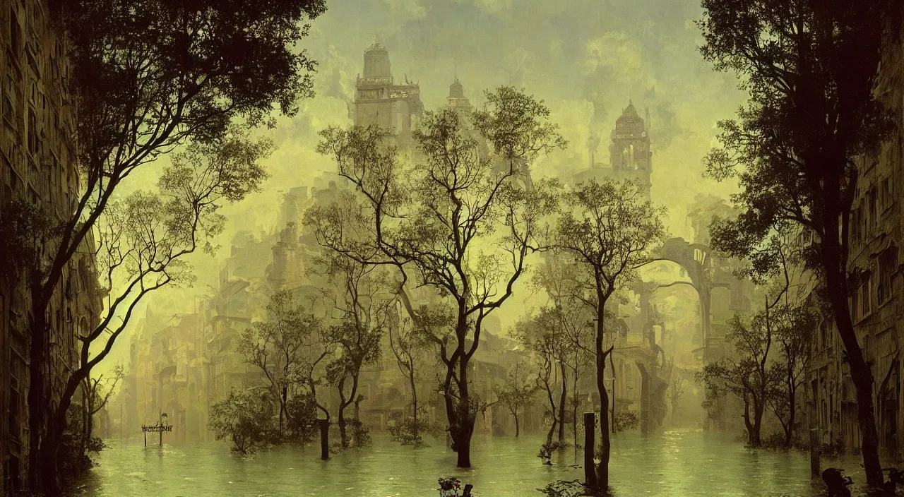 Prompt: a high contrast! painting of a flooded ancient street empty arch by bruce pennington carl spitzweg rene magritte, full - length view, psychedelic, surreal, distorted, single tree, vibrant, symmetry, great composition, high detail, cinematic lighting, masterpiece