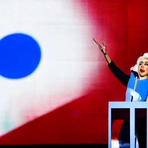 Image similar to Lady Gaga as president, Argentina presidential rally, Argentine flags behind, bokeh, giving a speech, detailed face, Argentina