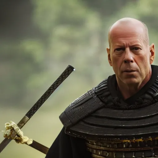 Prompt: Bruce Willis as samurai ,dramatic, intricate, highly detailed, smooth, sharp focus, film still, 8K