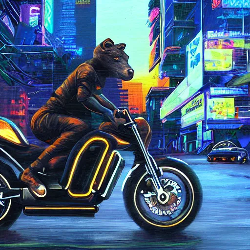 Prompt: capybara, oil painting, cyberpunk synthwave style, riding a motorcycle