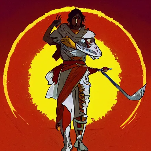 Image similar to an ultra detailed vector image of solaire of astora dressed as the prince of persia, concept art by alphonse mucha and greg rutkowski, bright red desert sands, bright yellow and red sun, octane render, praise the sun