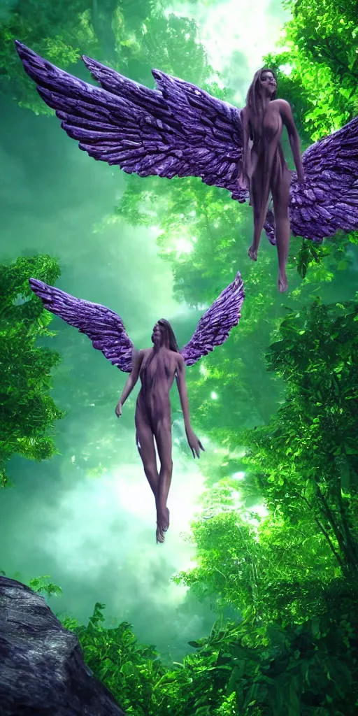 Prompt: a falling angel in a highly detailed over dimensional green leaves that are not from this world with black vaines, fantasy jungle, photorealism, unreal engine, purple hue