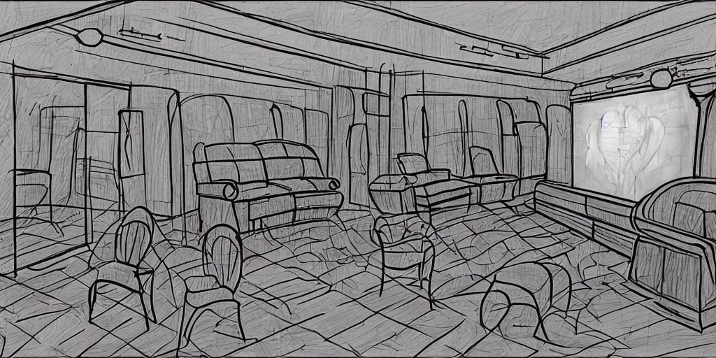 Image similar to a dimly lit, theater dressing room, with a mirror, a chair, a couch, day of the tentacle style, drawn by Peter Chan, 5 point perspective