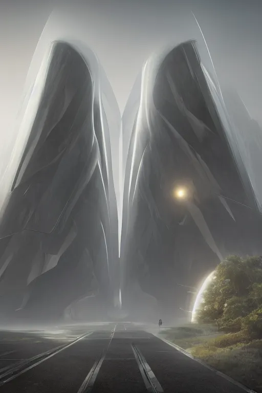 Prompt: professional landscape photograph of a large beautiful neo - futuristic matte symmetrical elongated oval monolith by joseph cross, denis villeneuve, emmanuel shiu, jeremy hanna, vapor, stunning cinematic architectural scale, dramatic, volumetric, concept art, hard surface, hyperrealism, very high detail, trending on artstation, sharp focus, rendered in octane