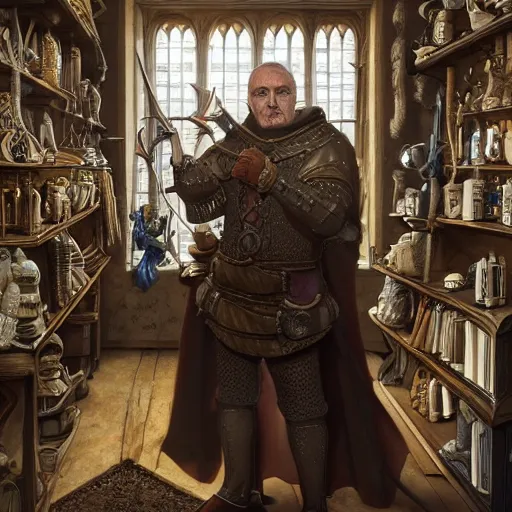 Image similar to full body portrait of Dennis hopper as a devious medieval lord standing on the right inside a big medieval Shop with tall windowpane, shelves full of medieval goods, morning light, trending on artstation, style of peter mohrbacher, unreal engine, octane render, intricate details, 8k high definition, beauriful, ornate, hyperrealistic