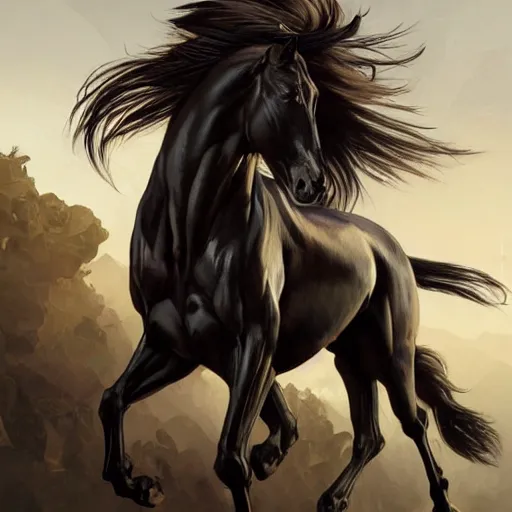 Image similar to a huge muscular black - coated anthro horse with long white hair wearing tactical kevlar fabric, exaggerated muscle physique, highly detailed, furry, furaffinity, digital painting, artstation, sharp focus, smooth, concept art, illustration, art by artgerm, greg rutkowski, alphonse mucha