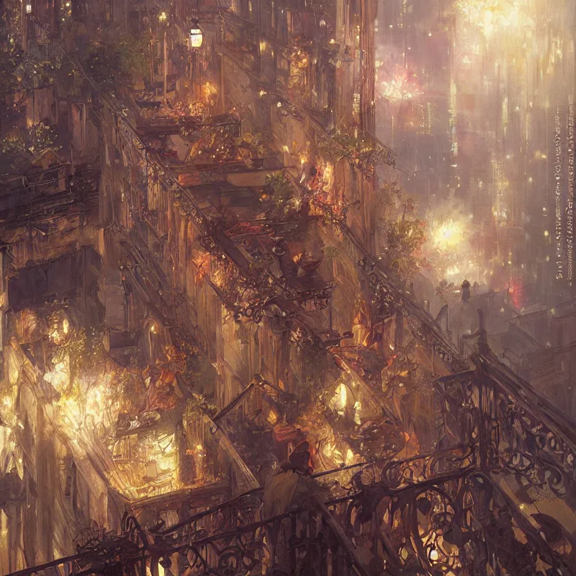 Image similar to a beautiful realistic painting of a firework festival on a balcony at night, intricate, elegant, highly detailed, greg rutkowski, krenzcushart, nier automata enviroment concept art, makoto shinkai, alphonse mucha