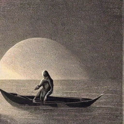 Image similar to charon in his boat at sea looking at a black hole in the universe.