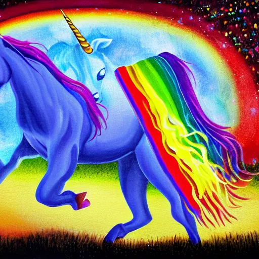 Image similar to a cinematic image of an unicorn walking on a rainbow low saturation Matt painting