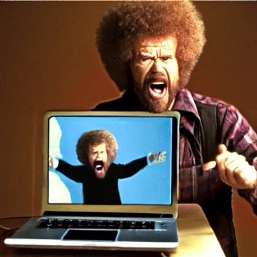 Image similar to angry bob ross screaming at his laptop