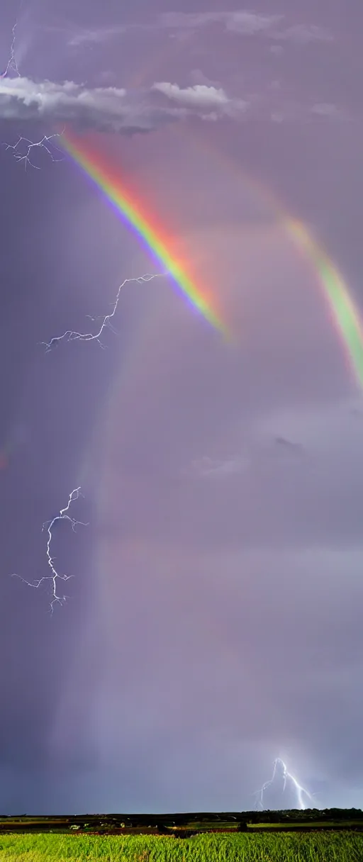 Prompt: storm filled sky with rainbow lightning, rainbow, rainbow lightning, dark clouds, open field, dark, colorful