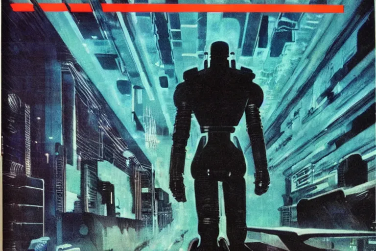 Image similar to 1979 OMNI Magazine Cover depicting a creepy angry imposing Android in the middle of a large room. Cyberpunk Akira style by Vincent Di Fate