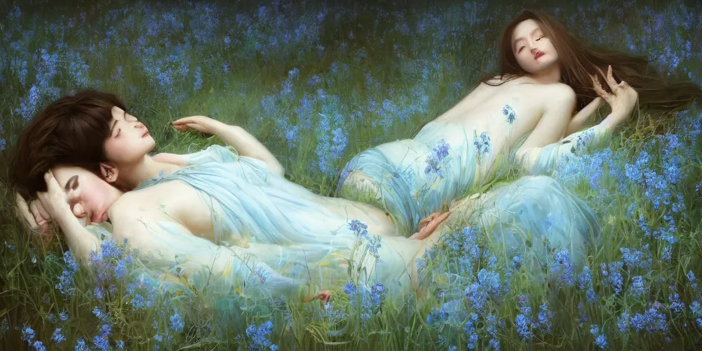 Image similar to breathtaking detailed concept art painting of sleeping in meadow goddesses of light blue flowers, orthodox saint, with anxious, piercing eyes, ornate background, amalgamation of leaves and flowers, by Hsiao-Ron Cheng, volegov, extremely moody lighting, 8K