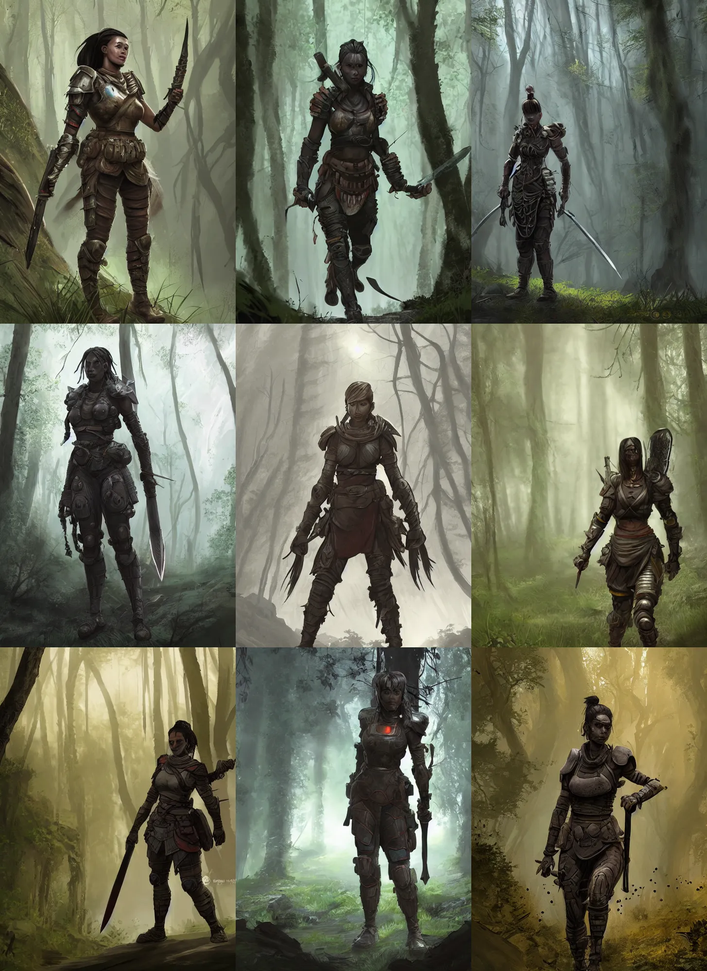 Prompt: a matte painting of a female warrior with glowing eyes wearing battle worn apex legends armor wielding twin swords walking through the forest plains of north yorkshire, misty forest, marvel cinematic universe concept art, good value control, concept art, digital painting, sharp focus, symmetrical, segmented armor, single character full body, 4k, illustration, rule of thirds, sci-fi, elden ring, centered, moody colors, moody lighting, atmospheric