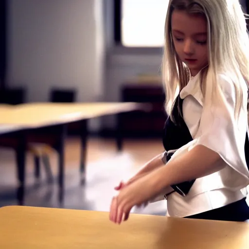 Prompt: film still of stylish girl dancing on school desk, tilted frame, 3 5 °, dutch angle, cinematography from music video