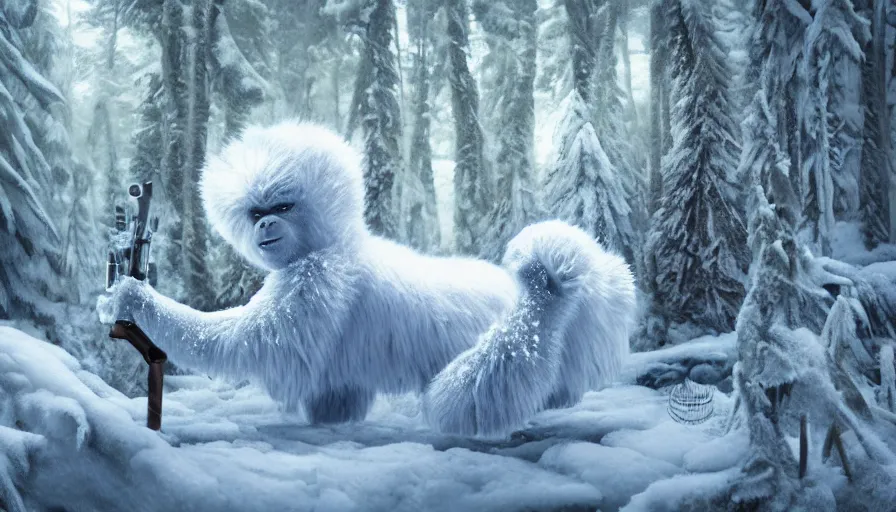 Image similar to baby yeti in the snowy forest by grant morrison, hyperdetailed, artstation, cgsociety, 8 k