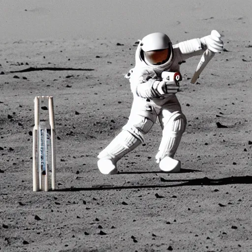Image similar to a team of astronauts playing cricket on the moon. low gravity environment