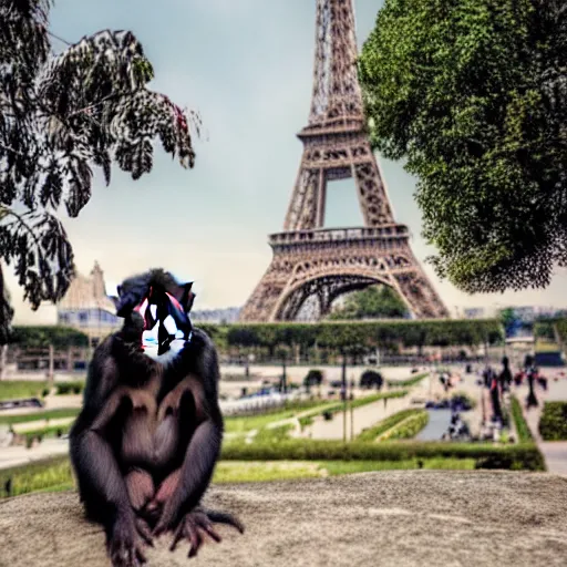 Image similar to high quality portrait of a monkey in front of eiffel tower, studio photograph, photograph, realistic photo, 8k photo, 4k photo, stock photo, high resolution, cinematic shot, high detail