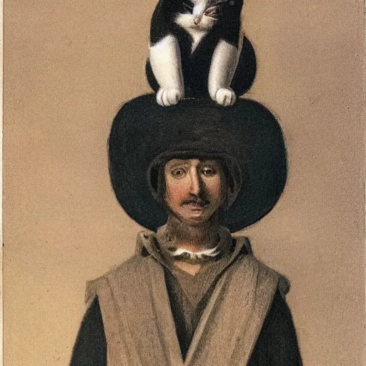 Prompt: a man with a cat sitting on his head