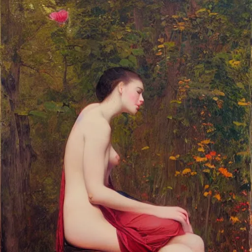 Image similar to painting by frederic edwin church, balaskas christoper, conrad roset, coby whitmore, and chie yoshii. of a beautiful girl sitting on a stool facing away from viewer in bungalow