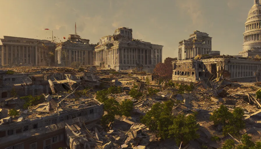 Image similar to craft garden in destroyed washington dc, collapses buildings, sunny day, destroyed capitol in the horizon, hyperdetailed, artstation, cgsociety, 8 k