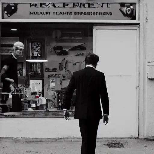 Prompt: a man wearing a black suit walking around in his shop by reg rutkowski