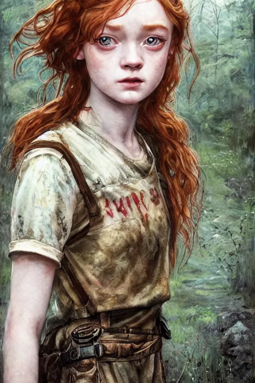 Image similar to sadie sink in the role of ellie in the last of us, dirt, fashion, fantasy, art by ayami kojima, vasnetsov, cedric peyravernay