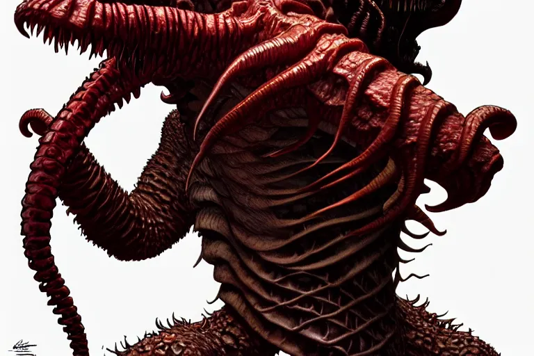 Image similar to closeup shot of Demogorgon from the animated version Stranger Things, cartoon, detailed faces, high resolution, hyper detailed, intricate, illustrated, dramatic lighting, illustration, artstation, concept art, smooth, sharp focus, art by Alphonse Mucha and Matt Groening !n-9