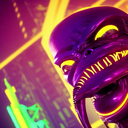 Image similar to synthwave alien face with neon tattos, detailed face, sharp focus, synthwave art, aesthetic, octane render, raw, cinematic